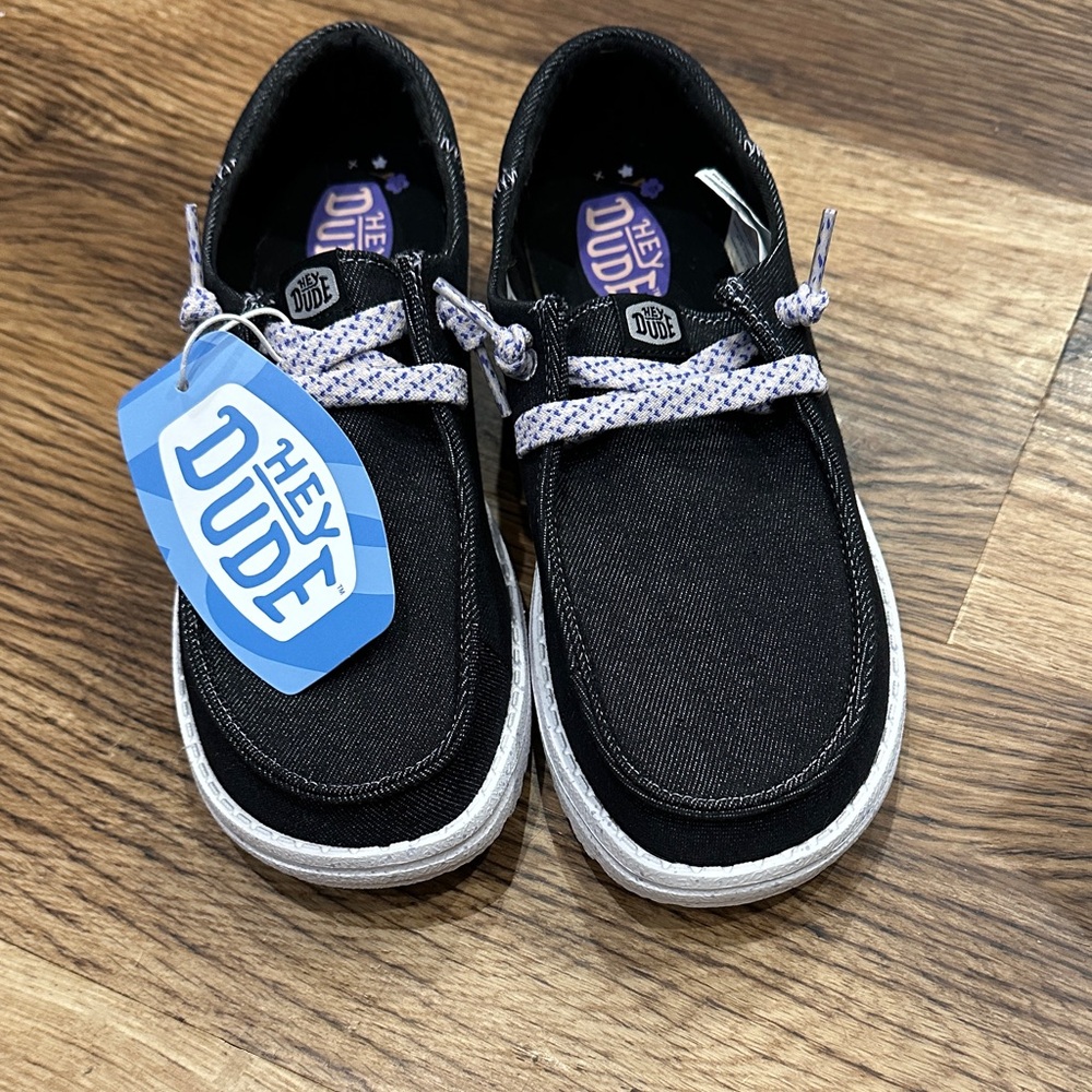 Hey Dude Black and White w/purple laces Kids Shoes